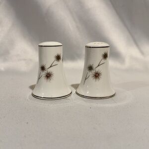 Mid-Century Atomic Platinum Starburst Salt and Pepper Shakers White Porc…